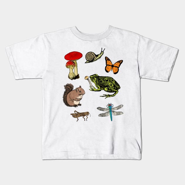 Forrest Creatures Cute Woodland Animals Nature Hiking Frog Squirrel Mushroom Butterfly Dragonfly Cricket Snail Kids T-Shirt by blueversion